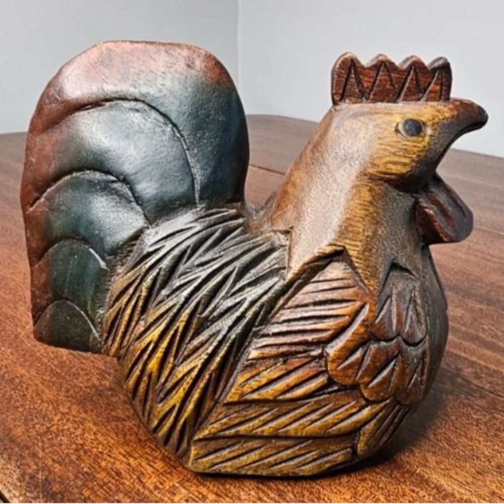 Vtg 1970's Hand Carved Wooden Rooster Chicken Figure Farmhouse Boho Chic